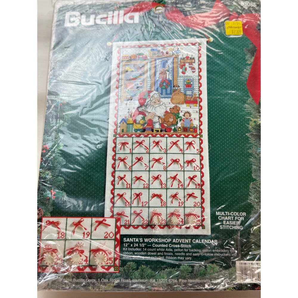 Vintage Bucilla Santa's Workshop Counted Cross Stitch Advent Calendar Kit 83085